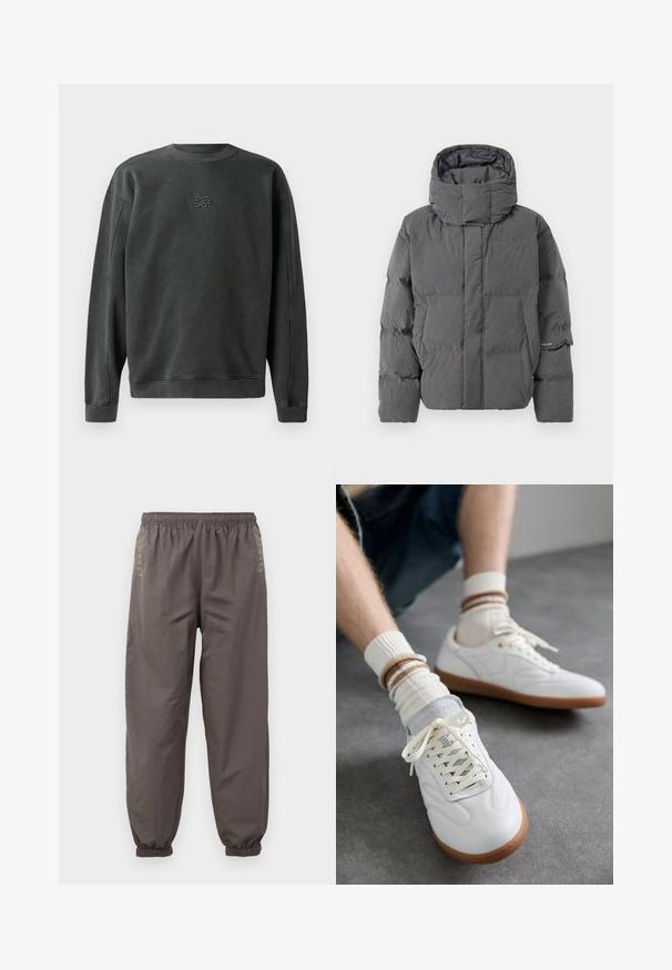 Graue isolierte Daunenjacke mit hohem Kragen und Kapuze. Mit gestepptem Design und Seitentaschen. Glatte Textur mit mattem Finish.; Dunkelgrauer Sweatshirt mit Rundhalsausschnitt, gerippten Bündchen und Saum. Besitzt ein kleines gesticktes Design in der Mitte. Weicher, strukturierter Stoff.; Dunkelgraue, elastische Hosen mit lockerer Passform. Mit gerafften Bündchen und dezentem Stickerei an den Seiten. Leichter Stoff.; Weiße Ledersneaker mit glatter Textur, grauen Wildlederelementen, beigen Gummisohlen und flachen Schnürsenkeln. Kombiniert mit cremefarbenen und braun gestreiften Socken.