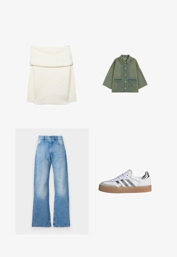 Veste en jean verte surdimensionnée avec manches larges, fermeture boutonnée sur le devant, col pointu et deux grandes poches à rabat.; Jupe crème en tricot côtelé avec une large ceinture rabattable, présentant une texture douce et une légère élasticité pour le confort.; Jeans en denim bleu clair évasés avec taille haute, cinq poches et fermeture à bouton classique. Présente un léger dégradé et une coupe décontractée.; Baskets blanches avec trois rayures argentées, une semelle en caoutchouc beige et un dessus en tissu texturé blanc avec un bout rond et un système de fermeture à lacets.