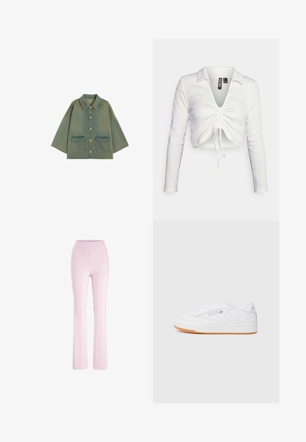 Overdimensioneret grøndenimjakke med brede ærmer, knaplukning foran, spids krave og to store klaplommer.; Pieces Petite PCTEGAN - Langærmet T-shirt - cloud dancer; Lyserøde yoga bukser med høj talje med tætsiddende pasform over lårene og let udvidede ben, vist på en hvid baggrund.; Hvide lædersneakers med lavt design, der har en tekstureret hvid gummisål og en tan gummiydersål. Diskrete logo-detaljer er til stede.