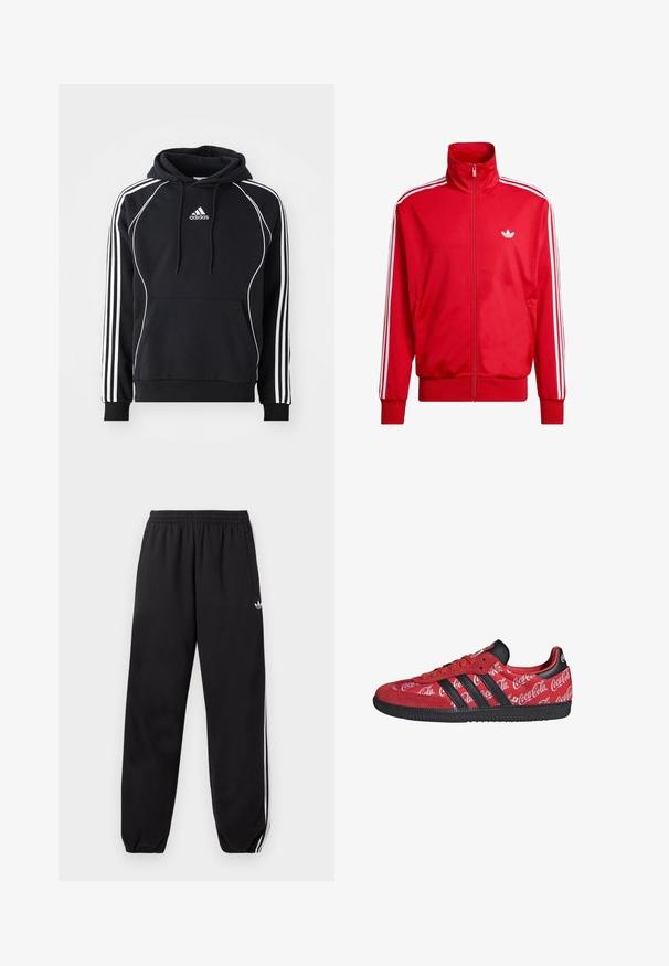 Chaqueta de chándal roja con cremallera, hecha de tela lisa, con rayas blancas en las mangas y un pequeño logo blanco en el pecho.; Sudadera negra de Adidas con rayas blancas en las mangas, ribete blanco en el frente, bolsillo tipo canguro en el delantero y capucha con cordones.; Pantalones de chándal negros Adidas con rayas blancas en los costados, cintura elástica y puños en los tobillos, con un pequeño logo en la parte superior del muslo.; Zapatilla roja Adidas con rayas negras y suela, con logotipos blancos de Coca-Cola por toda la parte superior de tela.
