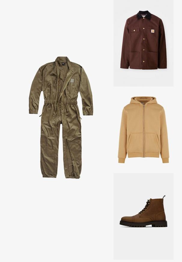 Brun bomuldsjakke med en sort fløjlskrave, gyldne knapper, to brystlommer og et firkantet logo-patch på venstre lomme.; Oliven grøn utility jumpsuit lavet af slidstærkt stof, med lynlåslukning foran, elastisk talje og flere lommer på overkroppen og benene.; Tan zip-up hoodie lavet af blødt materiale, med en frontlynlås, to sidelommer, ribbet manchetter og en foret hætte.; Brun læder snørefri ankelstøvle med tyk sort sål og hængslet på en hvid baggrund.