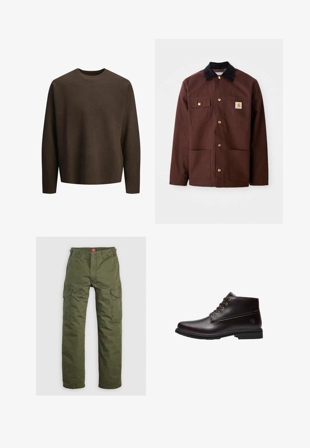 Veste en coton marron avec un col en velours côtelé noir, des boutons dorés, deux poches poitrine et un écusson carré sur la poche gauche.; Pull-over marron à col ras du cou, avec des manches longues, fabriqué à partir d'un tissu doux. Présente une coupe décontractée et des poignets côtelés.; Pantalons cargo vert olive en tissu durable, dotés de poches latérales, d'une fermeture à bouton et d'une coupe droite.; Bottine en cuir marron foncé à lacets avec semelle noire et logo discret de la marque sur le côté, présentée de profil sur fond blanc.