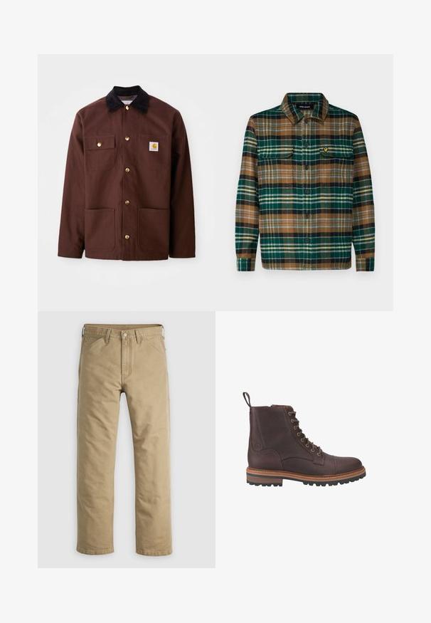 Braune Baumwolljacke mit einem schwarzen Cordkragen, goldenen Knöpfen, zwei Brusttaschen und einem quadratischen Logopatch auf der linken Tasche.; Karierte Flanellhemd in Grün, Braun und Schwarz mit Knopfleiste, zwei Brusttaschen und einem kleinen gestickten Logo auf der linken Tasche.; Khakifarbene Baumwollhose mit geradem Bein, Vordertaschen und Knopfverschluss. Glatte Textur und verstärkte Nähte für Langlebigkeit.; Braune Leder-Stiefeletten mit Schnürung, strukturierter Oberfläche, kontrastierenden beigen Sohlen und Metallösen. Verfügen über eine Lasche zum einfachen An- und Ausziehen.