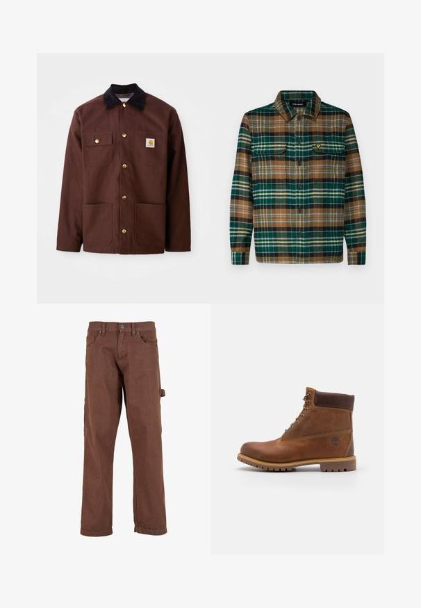 Brun bomuldsjakke med en sort fløjlskrave, gyldne knapper, to brystlommer og et firkantet logo-patch på venstre lomme.; Skjorte i ternet flannel i grøn, brun og sort med knaplukning fortil, to brystlommer og et lille broderet logo på venstre lomme.; Brune cargo bukser lavet af robust stof, med et lige ben-design, frontlommer og en sidelomme med klap.; Brun læder vandrestøvle med en glat finish, polstret ankel, metalliske snørehuller og en gummisål med et robust dækmønster.