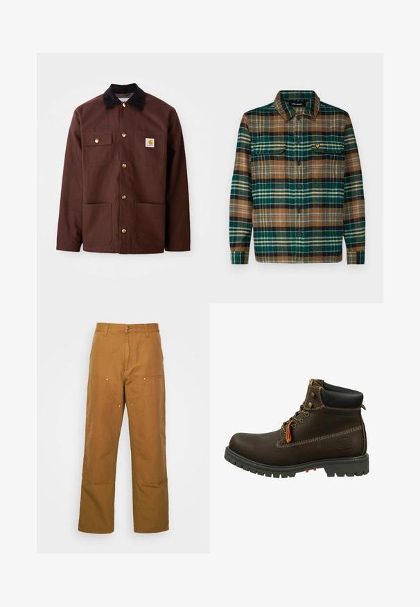 Bruine katoenen jas met een zwarte corduroy kraag, gouden knopen, twee borstzakken en een vierkante logo patch op de linkerzak.; Geruite flanellen overhemd in groen, bruin en zwart met een knoopsluiting aan de voorkant, twee borstzakken en een klein geborduurd logo op de linker zak.; Bruine katoenen utility broeken met een rechte pijpdesign, voorzien van voorzakken en metalen hardware accenten voor extra duurzaamheid.; Dockers by Gerli Veterboots - schoko