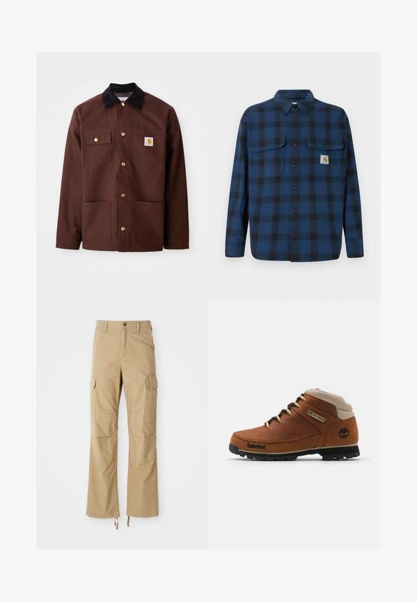 Bruine katoenen jas met een zwarte corduroy kraag, gouden knopen, twee borstzakken en een vierkante logo patch op de linkerzak.; Blauw en zwart geruit flanellen overhemd met lange mouwen, een knoopsluiting aan de voorkant, twee borstzakken en een merklabel op de linkerzak.; Khaki cargobroek gemaakt van duurzaam materiaal, met meerdere zijzakken, een rechte pijpdesign en verstelbare koorden aan de zoom.; Bruine leren wandelschoen met een beige kraag, zwarte rubberen zool en gouden oogjes. Bevat een Timberland-logo aan de zijkant.
