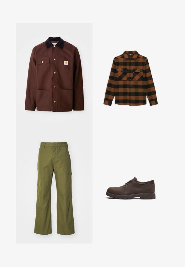 Chaqueta de algodón marrón con un cuello de pana negro, botones dorados, dos bolsillos en el pecho y un parche cuadrado con el logo en el bolsillo izquierdo.; Camisa de manga larga en un patrón de cuadros naranja y negro, hecha de una tela texturizada. Presenta dos bolsillos en el pecho y cierre frontal con botones.; Pantalones de pernera ancha en verde oliva, confeccionados con una tela resistente, que presentan un cierre de botón, bolsillos laterales y un diseño de dobladillo recto.; Zapatos de cuero marrón con puntera redondeada y diseño de cordones. Presentan una superficie texturizada y una suela de goma de alta tracción. Logo sutil en el lado.