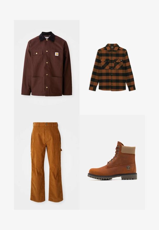 Bruine katoenen jas met een zwarte corduroy kraag, gouden knopen, twee borstzakken en een vierkante logo patch op de linkerzak.; Langarmshirt in een oranje en zwart geruit patroon, gemaakt van een gestructureerde stof. Heeft twee borstzakken en een knoopsluiting aan de voorkant.; Bruine corduroy broek met een flared design, voorzien van zijzakken en een sluiting met een knoop aan de voorkant. De stof is zacht en ribbelig.; Timberland Veterboots - medium orange