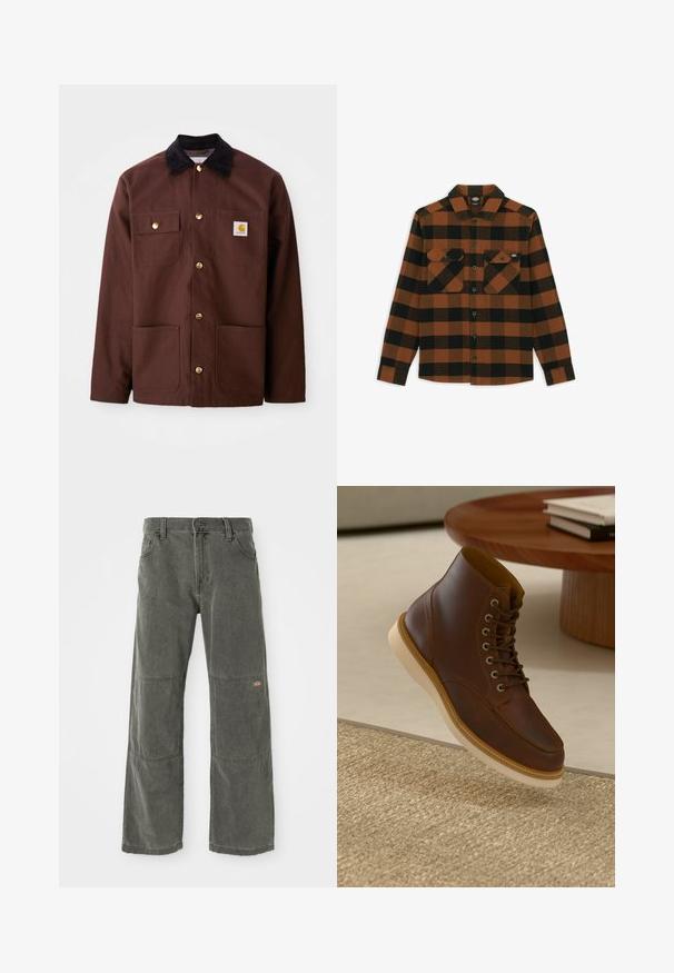 Braune Baumwolljacke mit einem schwarzen Cordkragen, goldenen Knöpfen, zwei Brusttaschen und einem quadratischen Logopatch auf der linken Tasche.; Langärmliges Hemd im orange-schwarz karierten Muster, aus einem strukturierten Stoff gefertigt. Verfügt über zwei Brusttaschen und eine geknöpfte Vorderseite.; Dunkelgraue, weit geschnittene Hose aus strapazierfähigem Material, mit Knieschützern, klassischem Druckknopfverschluss und genähten Akzenten.; Braune Leder-Ankle-Boots mit beiger Sohle auf einem strukturierten beigen Teppich neben einem runden Holztisch mit gestapelten Büchern.