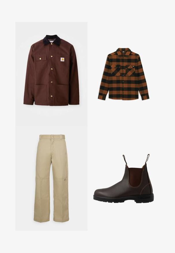Veste en coton marron avec un col en velours côtelé noir, des boutons dorés, deux poches poitrine et un écusson carré sur la poche gauche.; Chemise à manches longues en motif écossais orange et noir, fabriquée dans un tissu texturé. Comprend deux poches poitrine et une fermeture à boutons.; Pantalons larges beiges en tissu résistant, dotés d'une taille haute, de coutures visibles et d'un petit logo sur le côté.; Botte Chelsea en cuir marron avec panneau latéral élastique, coutures marron, languettes de tirage, et une semelle en caoutchouc durable avec un motif texturé.