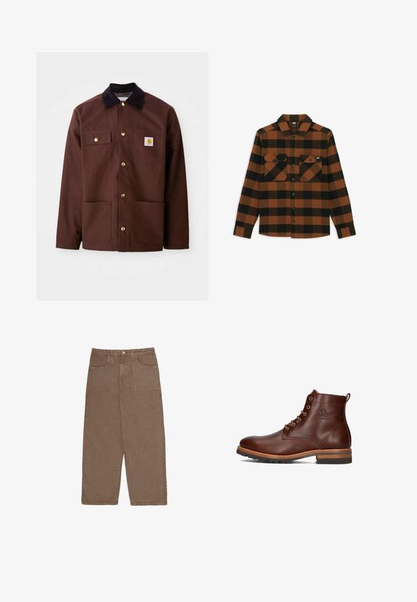 Veste en coton marron avec un col en velours côtelé noir, des boutons dorés, deux poches poitrine et un écusson carré sur la poche gauche.; Chemise à manches longues en motif écossais orange et noir, fabriquée dans un tissu texturé. Comprend deux poches poitrine et une fermeture à boutons.; Pantalons larges marron en coton, dotés de deux poches avant et d'une fermeture à bouton. Le tissu a une texture douce et une finition mate.; Bottine en cuir marron avec bout arrondi, lacets, talon et semelle contrastants, et logo embossé sur le côté.
