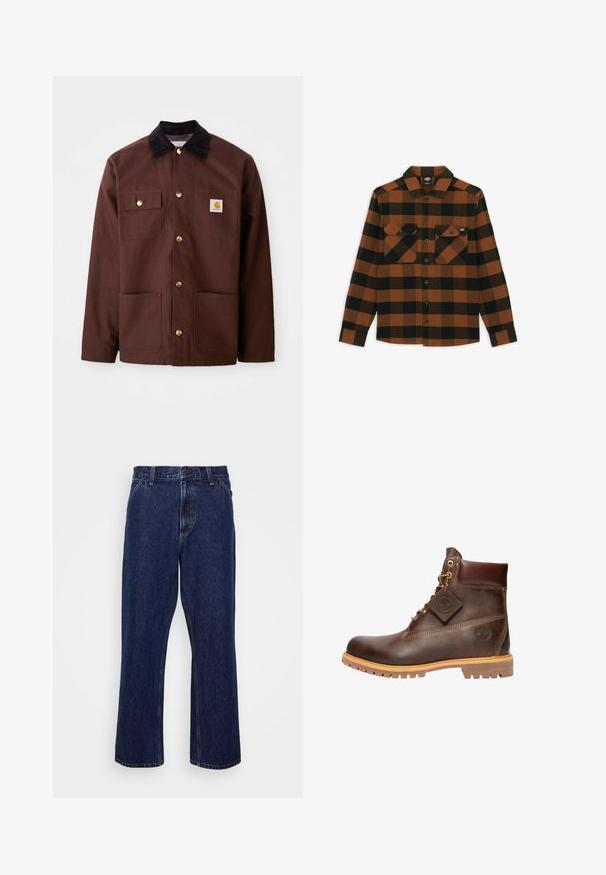 Bruine katoenen jas met een zwarte corduroy kraag, gouden knopen, twee borstzakken en een vierkante logo patch op de linkerzak.; Langarmshirt in een oranje en zwart geruit patroon, gemaakt van een gestructureerde stof. Heeft twee borstzakken en een knoopsluiting aan de voorkant.; Donkerblauwe denim jeans met een recht-uitlopende pasvorm, voorzien van een knoopsluiting, vijf zakken en subtiele stikseldetails.; Bruine leren enkelboot met een ronde neus, stevige zool, hardware in goudkleur en een gestructureerde bovenkant. Inclusief een merklabel dat is bevestigd.