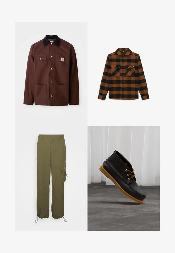 Braune Baumwolljacke mit einem schwarzen Cordkragen, goldenen Knöpfen, zwei Brusttaschen und einem quadratischen Logopatch auf der linken Tasche.; Langärmliges Hemd im orange-schwarz karierten Muster, aus einem strukturierten Stoff gefertigt. Verfügt über zwei Brusttaschen und eine geknöpfte Vorderseite.; Olivgrüne Cargo-Hosen aus leichtem Material. Zu den Merkmalen gehören ein Knopfverschluss, Seitentaschen und verstellbare Bündchen mit Kordelzügen.; Schwarze Lederschuhe mit glatter Oberfläche, runder Zehenform, braunen Schnürsenkeln und hellbraunen Gummisohlen. Logo an der Seite geprägt.