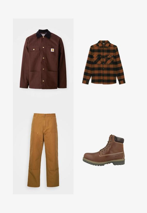 Braune Baumwolljacke mit einem schwarzen Cordkragen, goldenen Knöpfen, zwei Brusttaschen und einem quadratischen Logopatch auf der linken Tasche.; Langärmliges Hemd im orange-schwarz karierten Muster, aus einem strukturierten Stoff gefertigt. Verfügt über zwei Brusttaschen und eine geknöpfte Vorderseite.; Braune Baumwoll-Arbeitshosen mit geradem Bein, die über Vordertaschen und Metallakzente für zusätzliche Strapazierfähigkeit verfügen.; Brauner Leder-Stiefelette mit abgerundetem Zehenbereich, gepolstertem Kragen, weißen Nähten und einer Gummisohle mit Profilmuster.