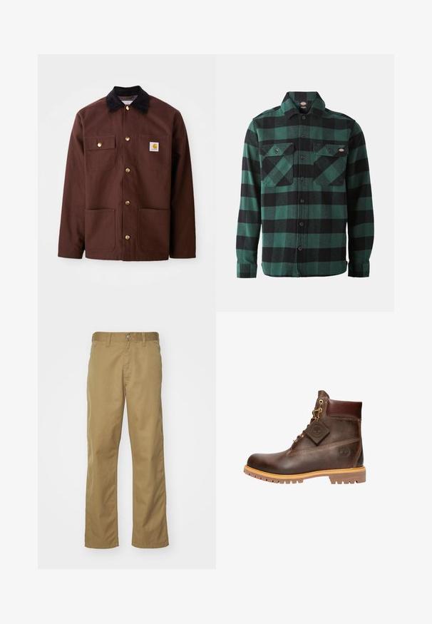 Brun bomuldsjakke med en sort fløjlskrave, gyldne knapper, to brystlommer og et firkantet logo-patch på venstre lomme.; Grøn- og sortternet flannel skjorte med lange ærmer, knaplukning foran, to brystlommer og en klassisk krave. Blød tekstur, alsidigt design.; Khaki chinos med lige bendesign, lavet af glat bomuldsstof. Har en knaplukning foran og sidelommer.; Brun læder ankelstøvle med rund tå, solid sål, hardware i guldtone og en tekstureret overdel. Inkluderer et logo-tagfæstet.