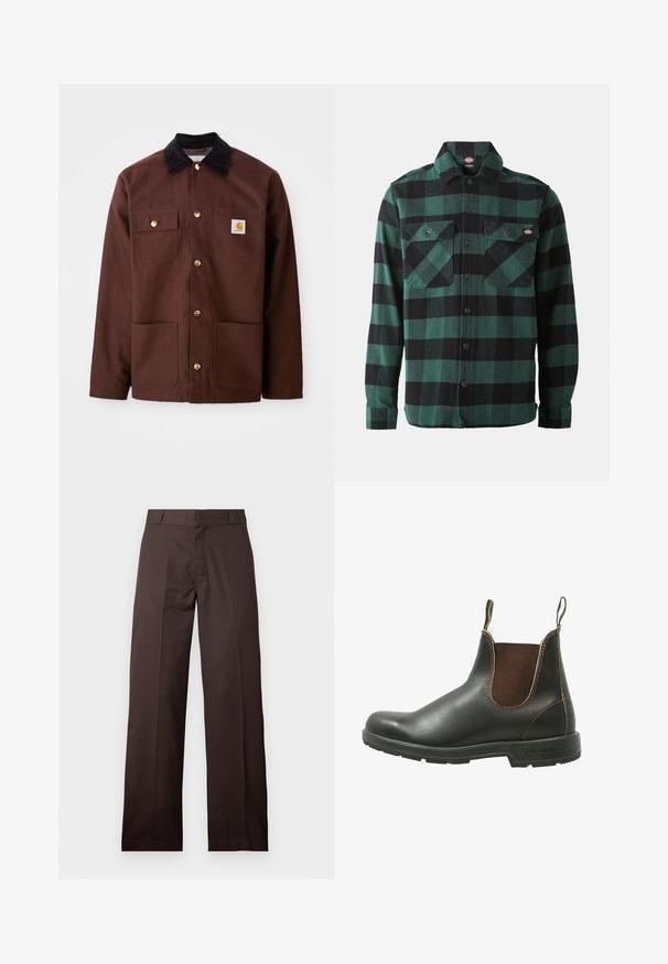 Veste en coton marron avec un col en velours côtelé noir, des boutons dorés, deux poches poitrine et un écusson carré sur la poche gauche.; Chemise en flanelle à carreaux verts et noirs, à manches longues, devant boutonné, avec deux poches poitrine et un col classique. Texture douce, design polyvalent.; Pantalon marron droit avec passants de ceinture et fermeture éclair à l'avant, présenté sur un fond clair uni.; Bottines Chelsea en cuir noir lisse avec des panneaux élastiques marron sur les côtés, des coutures contrastantes et une semelle en caoutchouc texturée.