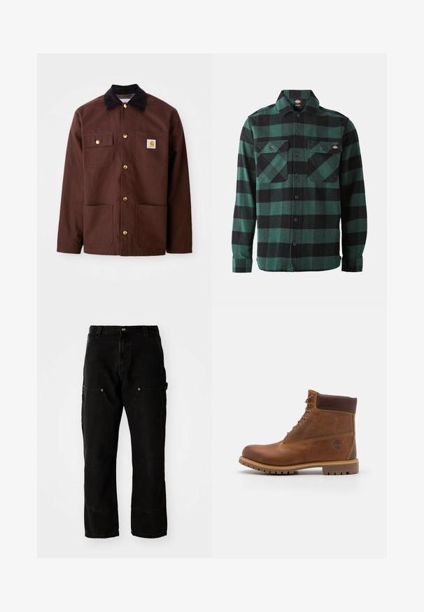 Veste en coton marron avec un col en velours côtelé noir, des boutons dorés, deux poches poitrine et un écusson carré sur la poche gauche.; Chemise en flanelle à carreaux verts et noirs, à manches longues, devant boutonné, avec deux poches poitrine et un col classique. Texture douce, design polyvalent.; Pantalons cargo en denim noir avec une coupe décontractée, comportant deux poches avant, des poches latérales et des détails de couture visibles.; Botte de randonnée en cuir marron avec une finition lisse, cheville rembourrée, œillets en métal et semelle en caoutchouc dotée d'un motif de crampons robuste.