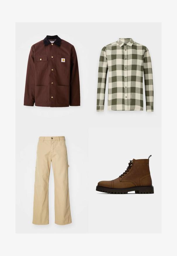 Chaqueta de algodón marrón con un cuello de pana negro, botones dorados, dos bolsillos en el pecho y un parche cuadrado con el logo en el bolsillo izquierdo.; Camisa de manga larga en un patrón de cuadros verde y crema, hecha de tela ligera, con cuello abotonado y botones en el frente.; Pantalones cargo de pierna ancha en color beige con cierre de botón, que cuentan con bolsillos laterales, fabricados en resistente tejido de algodón, con textura suave y diseño de corte recto.; Botín de cuero marrón con cordones, pernas cortas y suela negra gruesa con relieve, con una pestaña de agarre, sobre un fondo blanco.