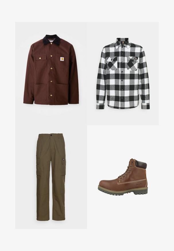 Chaqueta de algodón marrón con un cuello de pana negro, botones dorados, dos bolsillos en el pecho y un parche cuadrado con el logo en el bolsillo izquierdo.; Camisa de franela en blanco y negro con un patrón de cuadros, que cuenta con dos bolsillos en el pecho, cierre frontal con botones y un cuello. Tela suave y texturizada.; Pantalones cargo en verde oliva, hechos de un tejido resistente. Presenta dos bolsillos laterales, una cintura estándar y un diseño de pierna recta.; Botín de piel marrón con puntera redondeada, cuello acolchado, costuras blancas y suela de goma con patrón antideslizante.