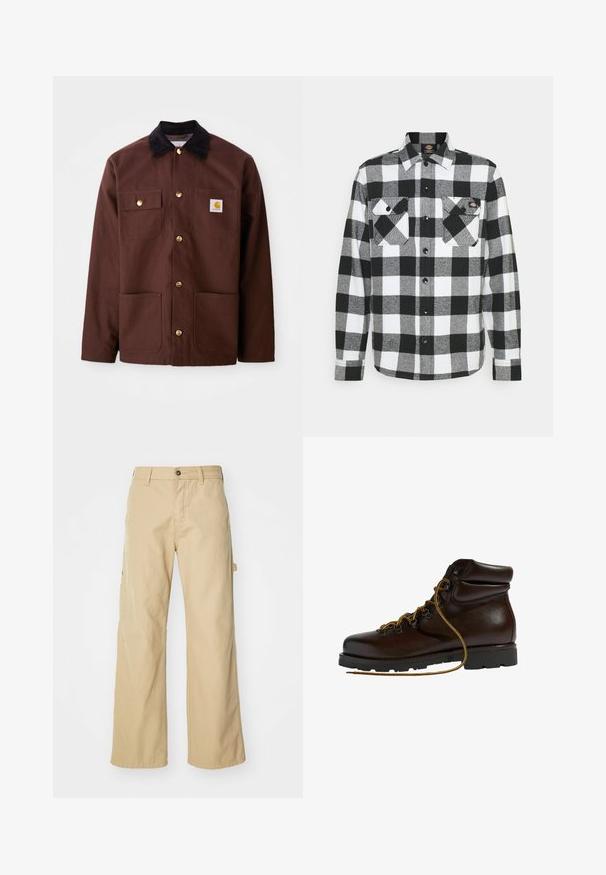 Veste en coton marron avec un col en velours côtelé noir, des boutons dorés, deux poches poitrine et un écusson carré sur la poche gauche.; Chemise en flanelle noir et blanc avec un motif à carreaux, présentant deux poches poitrine, un devant boutonné et un col. Tissu doux et texturé.; Pantalons cargo larges beiges avec fermeture à bouton, dotés de poches latérales, fabriqués en coton robuste, avec une texture lisse et un design droit.; Bottine de randonnée en cuir marron avec un bout arrondi, surface texturée, lacets jaunes et œillets en métal. Dotée d'une semelle en caoutchouc noir robuste.