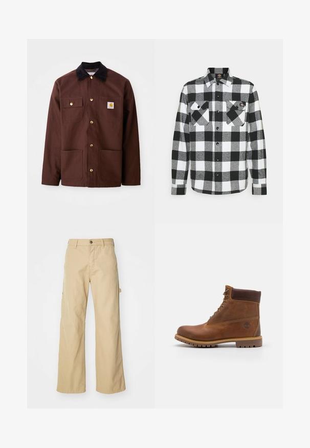 Chaqueta de algodón marrón con un cuello de pana negro, botones dorados, dos bolsillos en el pecho y un parche cuadrado con el logo en el bolsillo izquierdo.; Camisa de franela en blanco y negro con un patrón de cuadros, que cuenta con dos bolsillos en el pecho, cierre frontal con botones y un cuello. Tela suave y texturizada.; Pantalones cargo de pierna ancha en color beige con cierre de botón, que cuentan con bolsillos laterales, fabricados en resistente tejido de algodón, con textura suave y diseño de corte recto.; Botas de senderismo de cuero marrón con un acabado suave, tobillo acolchado, ojales de metal y suela de goma con un patrón de tracción robusto.
