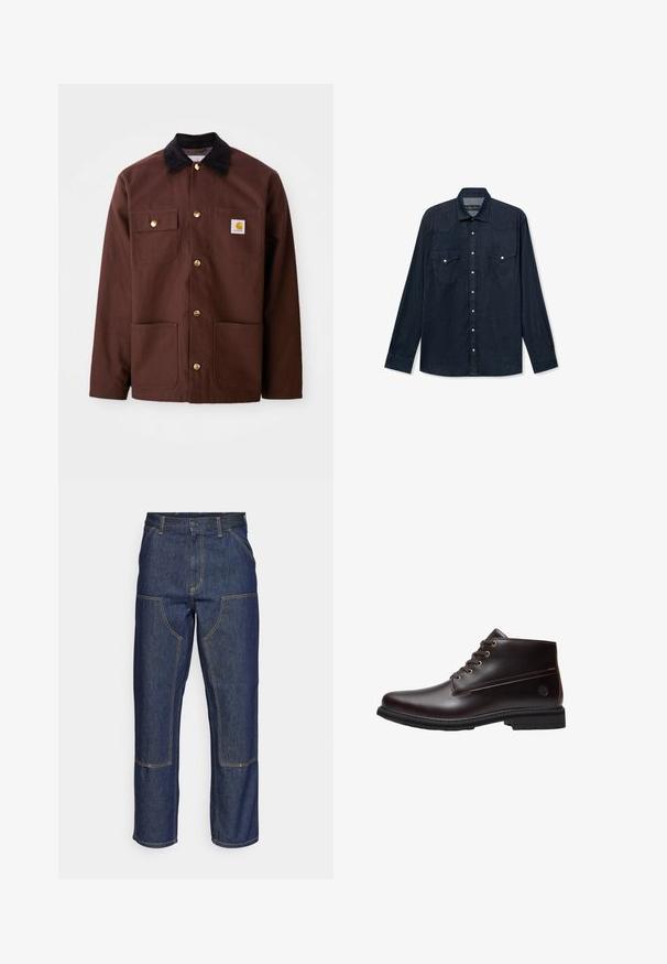 Bruine katoenen jas met een zwarte corduroy kraag, gouden knopen, twee borstzakken en een vierkante logo patch op de linkerzak.; Donkerblauwe denim shirt met lange mouwen, knoopsluiting aan de voorkant, twee klepborstzakken met knopen en een klassieke kraag.; Donkerblauwe denim jeans met een hoge taille, rechte pijpen, contrasterende stiksels en opgestikte zakken aan de voorkant.; Donkerbruine leren veterschoenen voor de enkels met zwarte zool en subtiel merklogo aan de zijkant, zijaanzicht tegen een witte achtergrond.