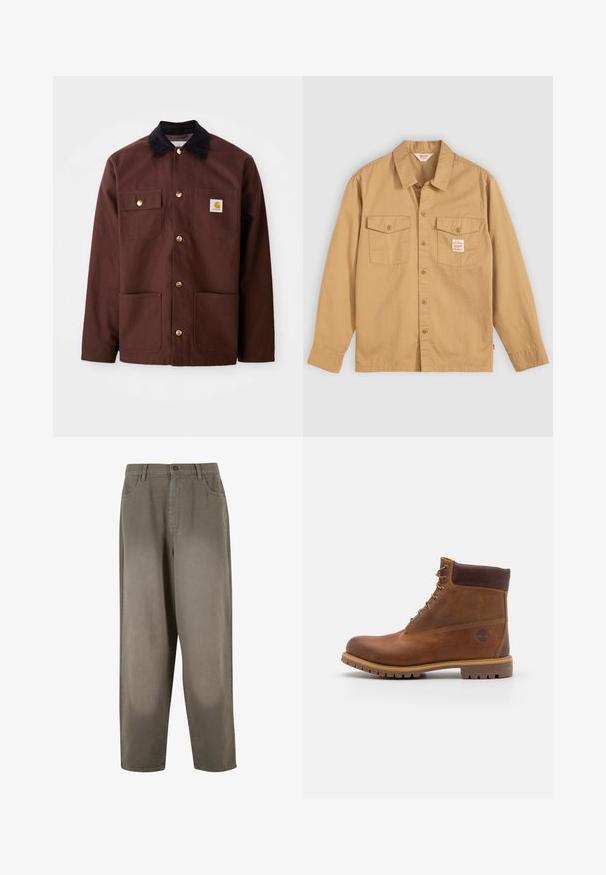 Brun bomuldsjakke med en sort fløjlskrave, gyldne knapper, to brystlommer og et firkantet logo-patch på venstre lomme.; Tan knapkrave skjorte med lange ærmer, to brystlommer og et lille mærke. Lavet af bomuld med en blød tekstur og klassisk kravedesign.; Lys grønne, vide bukser lavet af blødt stof. Har en knaplukning, forlommer og en glat overflate.; Brun læder vandrestøvle med en glat finish, polstret ankel, metalliske snørehuller og en gummisål med et robust dækmønster.