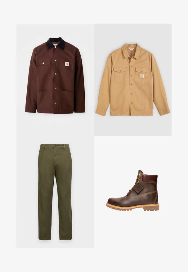Brun bomuldsjakke med en sort fløjlskrave, gyldne knapper, to brystlommer og et firkantet logo-patch på venstre lomme.; Tan knapkrave skjorte med lange ærmer, to brystlommer og et lille mærke. Lavet af bomuld med en blød tekstur og klassisk kravedesign.; Olivengrønne bomuldsbukser med lige pasform, knaplukning og minimale syninger. Glat tekstur uden tydelige mønstre.; Brun læder ankelstøvle med rund tå, solid sål, hardware i guldtone og en tekstureret overdel. Inkluderer et logo-tagfæstet.