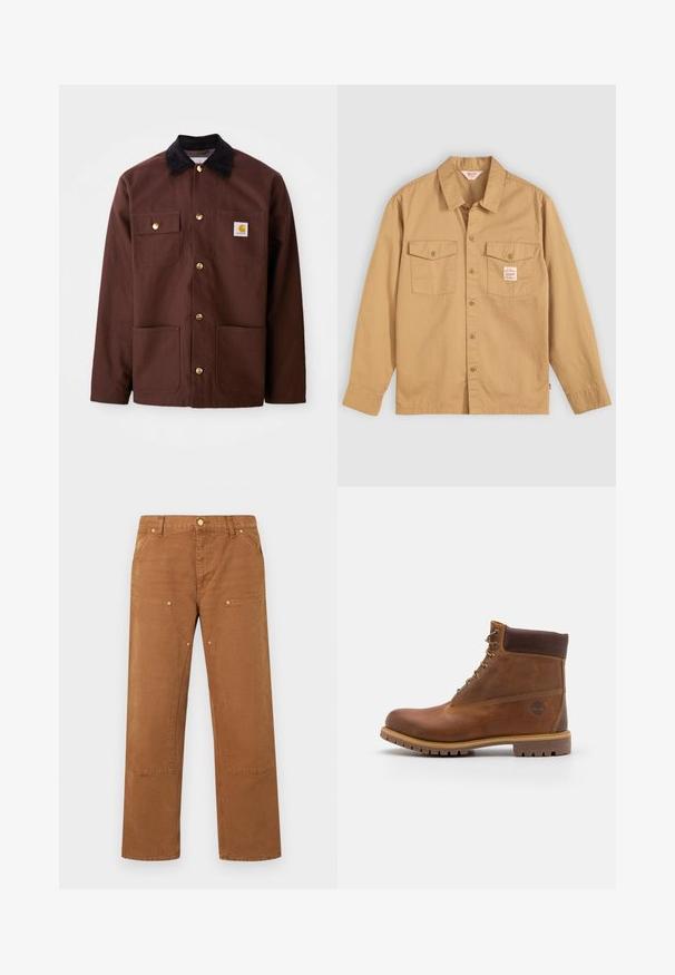 Veste en coton marron avec un col en velours côtelé noir, des boutons dorés, deux poches poitrine et un écusson carré sur la poche gauche.; Chemise beige à manches longues, avec deux poches sur la poitrine et une petite étiquette. Fabriquée en coton avec une texture lisse et un design de col classique.; Pantalon marron à jambes droites avec poches plaquées à l'avant, détails à rivets, passants pour ceinture et fermeture par bouton à la taille.; Botte de randonnée en cuir marron avec une finition lisse, cheville rembourrée, œillets en métal et semelle en caoutchouc dotée d'un motif de crampons robuste.