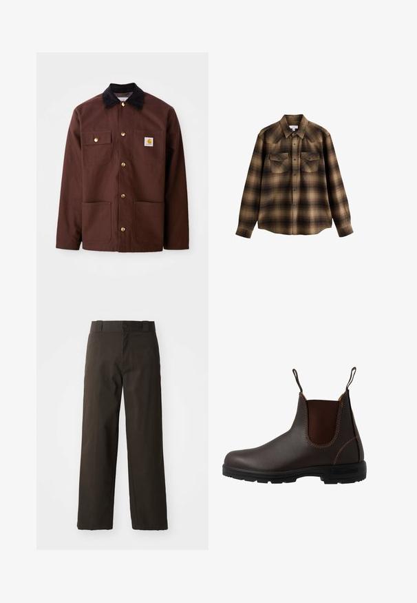 Chaqueta de algodón marrón con un cuello de pana negro, botones dorados, dos bolsillos en el pecho y un parche cuadrado con el logo en el bolsillo izquierdo.; Camisa de cuadros marrón y negra de manga larga con cuello, botones de presión en la parte delantera y dos bolsillos en el pecho con solapas y botones.; Pantalones de algodón negros con un diseño de pierna recta, que cuentan con un cierre de botón y una cinturilla clásica. Textura suave, sin patrones ni acentos.; Bota Chelsea de cuero marrón con panel elástico lateral, costuras marrones, tiradores y suela de goma resistente con un patrón texturizado.