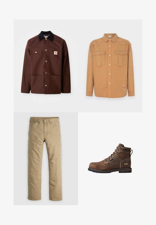 Brun bomuldsjakke med en sort fløjlskrave, gyldne knapper, to brystlommer og et firkantet logo-patch på venstre lomme.; Brun denimskjorte med to brystlommer, spids krave, knaplukning foran og kontrastsyning. Indeholder en logo-patch og en løkke detalje.; Khakifarvede bomuldssbukser med lige ben, forlommer og knaplukning. Glat tekstur og forstærkede sømme for holdbarhed.; Brune læder arbejdsstøvler med snørebånd, ståltå, vandtæt label, polstret ankelkrave og Ariat Work-logo på hælen.