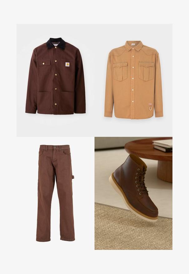 Braune Baumwolljacke mit einem schwarzen Cordkragen, goldenen Knöpfen, zwei Brusttaschen und einem quadratischen Logopatch auf der linken Tasche.; Braunes Denim-Hemd mit zwei Brusttaschen, spitzem Kragen, durchgehender Knopfleiste und kontrastierenden Nähten. Mit Logo-Patch und Schlaufen-Detail.; Braune Cargo-Hose aus robustem Stoff, mit geradem Bein, Fronttaschen und einer Seitentasche mit Klappe.; Braune Leder-Ankle-Boots mit beiger Sohle auf einem strukturierten beigen Teppich neben einem runden Holztisch mit gestapelten Büchern.