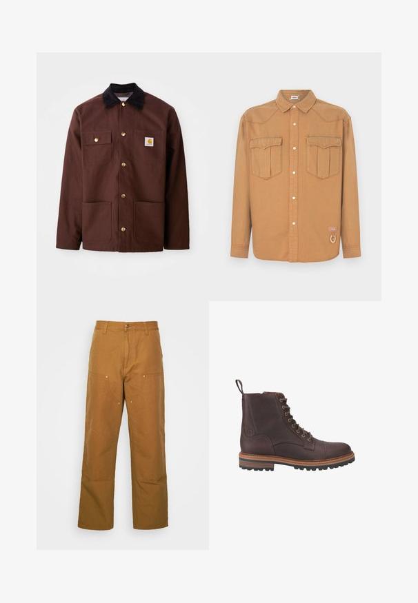 Brun bomuldsjakke med en sort fløjlskrave, gyldne knapper, to brystlommer og et firkantet logo-patch på venstre lomme.; Brun denimskjorte med to brystlommer, spids krave, knaplukning foran og kontrastsyning. Indeholder en logo-patch og en løkke detalje.; Brune bomuldsarbejdsbukser med lige ben-design, der har frontlommer og metalhardware detaljer for ekstra holdbarhed.; Brune læder støvler med snørebånd ved anklen, med en tekstureret overflade, kontrasterende beige såler og metaløjer. Har en trækflig for nem påtagning.