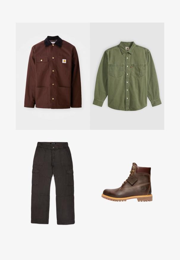 Veste en coton marron avec un col en velours côtelé noir, des boutons dorés, deux poches poitrine et un écusson carré sur la poche gauche.; Chemise vert olive à manches longues boutonnée, avec deux poches poitrine, boutons blancs et col pointu, affichée à plat sur un fond clair.; Pantalons cargo en tissu gris foncé avec plusieurs poches, fermeture à bouton sur le devant et détails cousus le long des coutures. Coupe plate à l'avant et ajustement décontracté.; Bottine en cuir marron avec un bout rond, une semelle robuste, des éléments en doré et un dessus texturé. Comprend une étiquette de logo attachée.