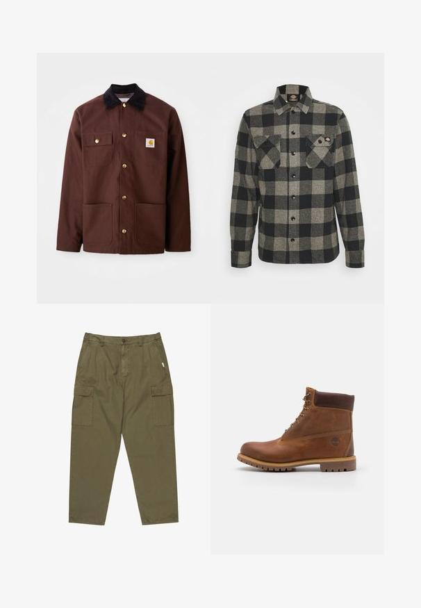 Bruine katoenen jas met een zwarte corduroy kraag, gouden knopen, twee borstzakken en een vierkante logo patch op de linkerzak.; Zwart en grijs geblokt flanellen shirt met lange mouwen, knoopsluiting aan de voorkant, twee borstzakken en een licht gebogen zoom. Gegarneerde stof.; Olijfgroene cargobroek van katoen, met een knoopsluiting aan de voorkant, zijzakken en twee grote cargozakken op de dijen.; Bruine leren wandelschoen met een gladde afwerking, gevoerde enkel, metalen oogjes en een rubberen zool met een robuust profiel.