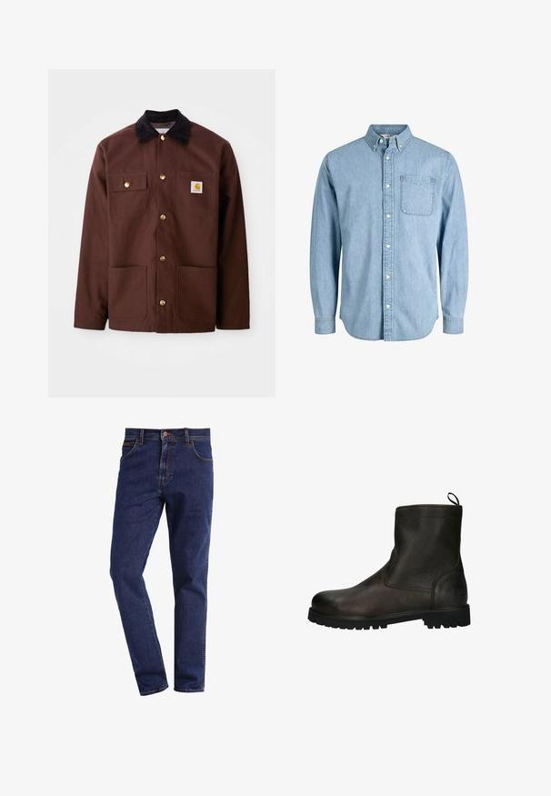 Braune Baumwolljacke mit einem schwarzen Cordkragen, goldenen Knöpfen, zwei Brusttaschen und einem quadratischen Logopatch auf der linken Tasche.; Hellblaues Denim-Hemd mit Knöpfen, langen Ärmeln, Kragen, Fronttasche und dezenter Textur. Verfügt über weiße Knöpfe entlang der Knopfleiste.; Dunkelblaue gerade geschnittene Denim-Jeans mit Vordertaschen, Knopfverschluss, Gürtelschlaufen und sichtbaren Nähten.; Braune Lederstiefeletten mit strukturiertem Finish, runder Zehenpartie, Zuglasche und robustem schwarzen Gummisohle. Nahtdetails entlang der Seiten.