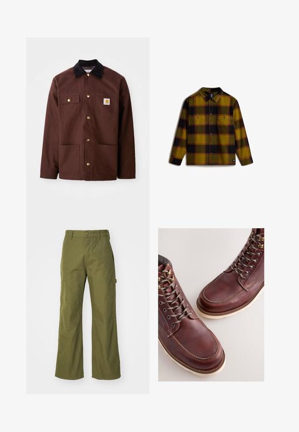 Braune Baumwolljacke mit einem schwarzen Cordkragen, goldenen Knöpfen, zwei Brusttaschen und einem quadratischen Logopatch auf der linken Tasche.; Flanellhemd mit kariertem Muster in Gelb, Grün, Schwarz und Rot. Verfügt über zwei Brusttaschen, eine Knopfleiste vorne und einen Kragen. Weiche Textur.; Olivgrüne, weite Hosen aus strapazierfähigem Material, mit Knopfverschluss, seitlichen Taschen und einem geraden Saumdesign.; Braune Lederstiefel mit einer glatten Oberfläche, ausgestattet mit Metallösen, grauen Schnürsenkeln und einer cremefarbenen Gummisohle. Nahtdetail entlang der Kanten.