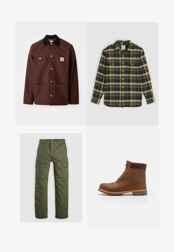 Bruine katoenen jas met een zwarte corduroy kraag, gouden knopen, twee borstzakken en een vierkante logo patch op de linkerzak.; Groene geruite flanellen overhemd met lange mouwen, voorzien van twee borstzakken en witte knopen. Materiaal heeft een zachte textuur en een casual ontwerp.; Olijfgroene cargobroek gemaakt van duurzame stof, met zijzakken, een knoopsluiting en een rechte pijpdesign.; Bruine leren wandelschoen met een gladde afwerking, gevoerde enkel, metalen oogjes en een rubberen zool met een robuust profiel.