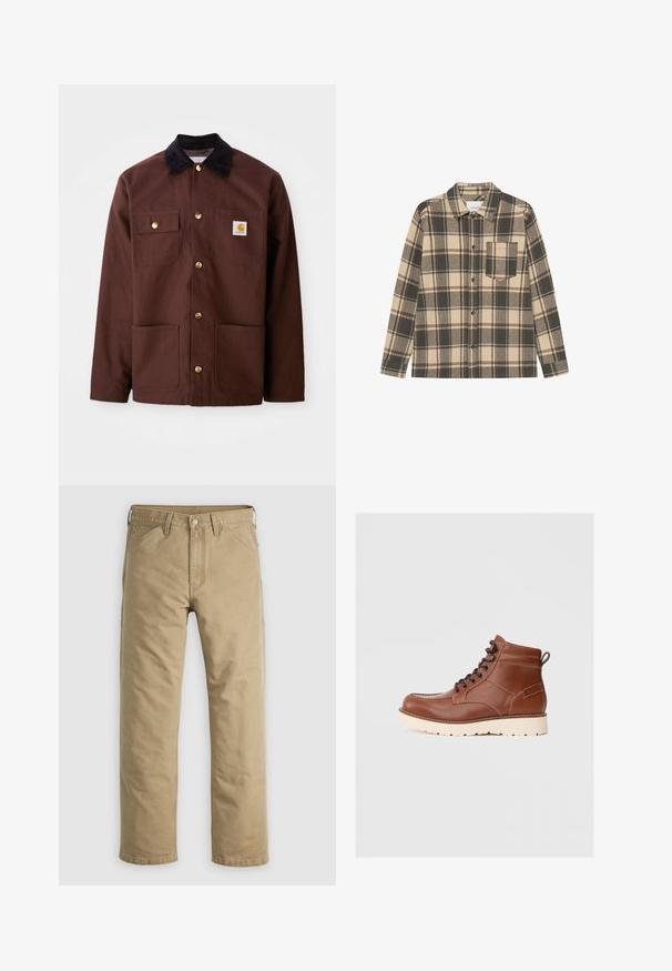 Bruine katoenen jas met een zwarte corduroy kraag, gouden knopen, twee borstzakken en een vierkante logo patch op de linkerzak.; Grijze en beige geruite shirt van katoen, met een knoopsluiting aan de voorkant, lange mouwen, een kraag en een enkele borstzak.; Kaki katoenen broek met een rechte pijp, voorzakken en een knoopsluiting. Glad textuur en verstevigde naden voor duurzaamheid.; Bruine leren enkellaarzen met een gladde textuur, witte rubberen zool en zwarte veters. Voorzien van een trekhaak aan de achterkant en Contrasterende stiksels.