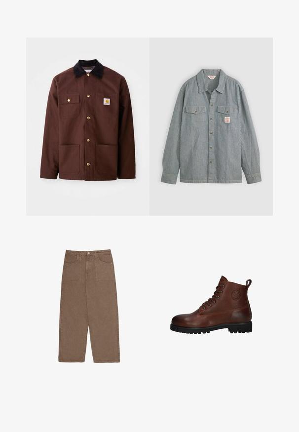 Bruine katoenen jas met een zwarte corduroy kraag, gouden knopen, twee borstzakken en een vierkante logo patch op de linkerzak.; Gestreepte overhemden in blauw en wit, met een kraag, twee borstzakken en een klein label. Gemaakt van lichtgewicht stof.; Bruine wijde pijpenbroek van katoen, met twee voorkruiken en een knoopsluiting. De stof heeft een zachte textuur en een matte afwerking.; Bruine leren enkelboot met een gestructureerd oppervlak, zes veterogen, een zwarte rubberen zool en een lus voor gemakkelijk aan- en uittrekken.