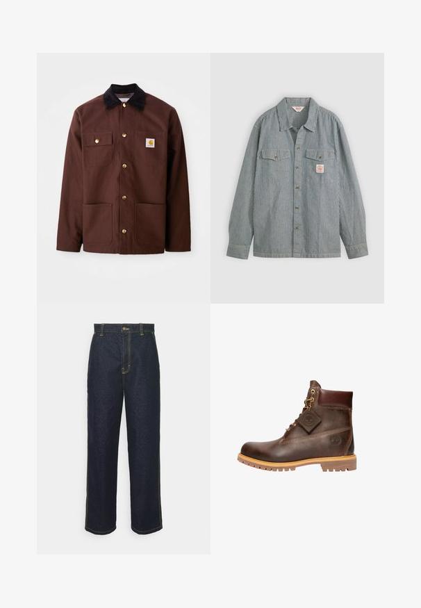 Brun bomuldsjakke med en sort fløjlskrave, gyldne knapper, to brystlommer og et firkantet logo-patch på venstre lomme.; Stribet skjorte i blå og hvid, med krave, to brystlommer og et lille mærke. Lavet af letvægtsstof.; Bredde ben mørke denim jeans med gul syning, der har en frontlukning med knap og sidelommer. Glat tekstur og traditionelt design.; Brun læder ankelstøvle med rund tå, solid sål, hardware i guldtone og en tekstureret overdel. Inkluderer et logo-tagfæstet.