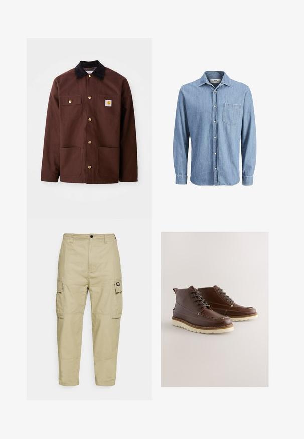Chaqueta de algodón marrón con un cuello de pana negro, botones dorados, dos bolsillos en el pecho y un parche cuadrado con el logo en el bolsillo izquierdo.; Camisa de mezclilla de color azul claro con cuello button-down, mangas largas, un bolsillo en el pecho y logo bordado en el bolsillo.; Pantalones cargo beige hechos de una tela duradera, con dos bolsillos laterales, cierre de botón y piernas ajustadas con una textura suave.; Botas de cuero marrón con diseño de cordones, costuras blancas y suela en contraste. Presentan punta redondeada y altura hasta el tobillo.