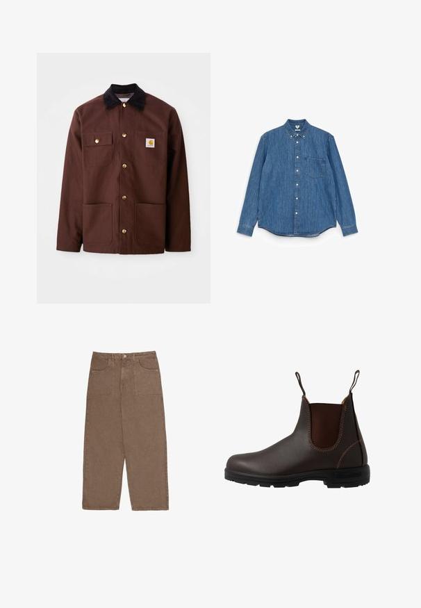 Veste en coton marron avec un col en velours côtelé noir, des boutons dorés, deux poches poitrine et un écusson carré sur la poche gauche.; Chemise en denim bleu à manches longues avec un col pointu, des boutons blancs, une poche poitrine unique et un ourlet droit. Texture uniforme et poids moyen.; Pantalons larges marron en coton, dotés de deux poches avant et d'une fermeture à bouton. Le tissu a une texture douce et une finition mate.; Botte Chelsea en cuir marron avec panneau latéral élastique, coutures marron, languettes de tirage, et une semelle en caoutchouc durable avec un motif texturé.