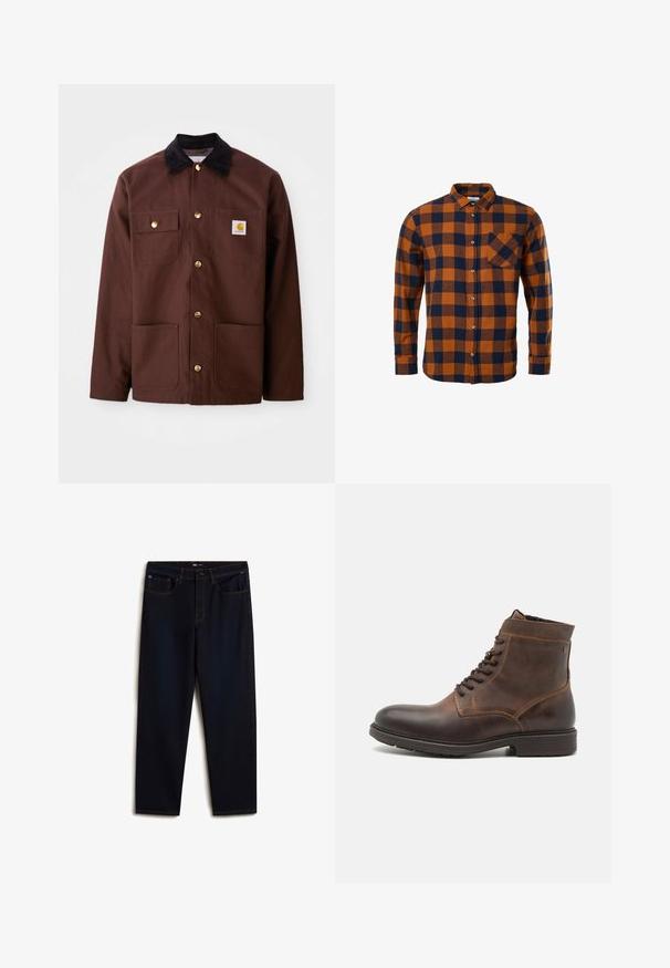 Brun bomuldsjakke med en sort fløjlskrave, gyldne knapper, to brystlommer og et firkantet logo-patch på venstre lomme.; Skjorte med lange ærmer og knapper med orange og mørkeblå ternet mønster og en enkelt brystlomme på hvid baggrund.; Vans Jeans Relaxed Fit - dark blue; Jack & Jones JFWDELANEY BOOT - Snørestøvletter - cognac
