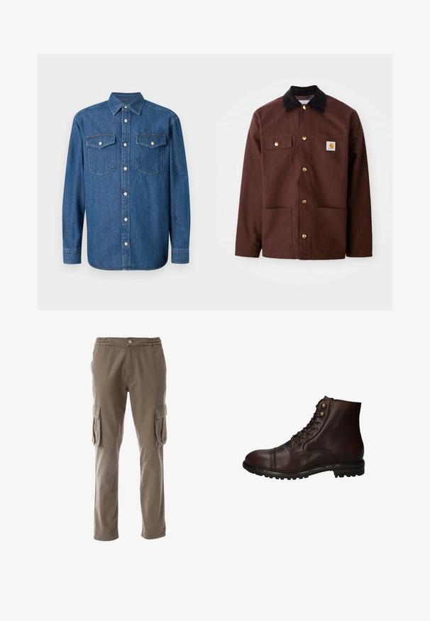 Braune Baumwolljacke mit einem schwarzen Cordkragen, goldenen Knöpfen, zwei Brusttaschen und einem quadratischen Logopatch auf der linken Tasche.; Dunkelblaues Denim-Hemd mit Knopfleiste und spitzem Kragen, zwei Brusttaschen und Knopfverschluss. Hat lange Ärmel und eine normale Passform.; Cargo-Hosen in einem khakifarbenen Ton, mit einem elastischen Bund, Knopfverschluss und zwei seitlichen Cargo-Taschen mit Klappe. Hergestellt aus strapazierfähigem Stoff.; Dunkelbraune Leder Schnürstiefelette mit robustem Gummisohlen und Metallösen, von der Außenseite betrachtet.