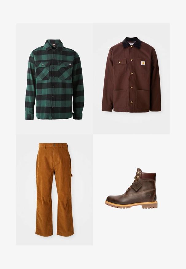 Hnedá bavlnená bunda s čiernym jemným kordom na golieri, zlatými gombíkmi, dvoma náprsními vreckami a štvorcovou nášivkou na ľavom vrecku.; Zeleno-čierna károvaná flanelová košeľa s dlhými rukávmi, zapínaním na gombíky vpredu, dvoma náprsními vreckami a klasickým golierom. Mäkká textúra, univerzálny dizajn.; Hnedé kordové nohavice s rozšírenými nohavicami, s bočnými vreckami a predným zapínaním na gombík. Tkanina je mäkká a ribbovaná.; Hnedé kožené členkové čižmy s okrúhlou špičkou, robustnou podrážkou, zlatým kovovým doplnkom a štruktúrovaným zvrškom. Obsahujú priliepený štítok s logom.
