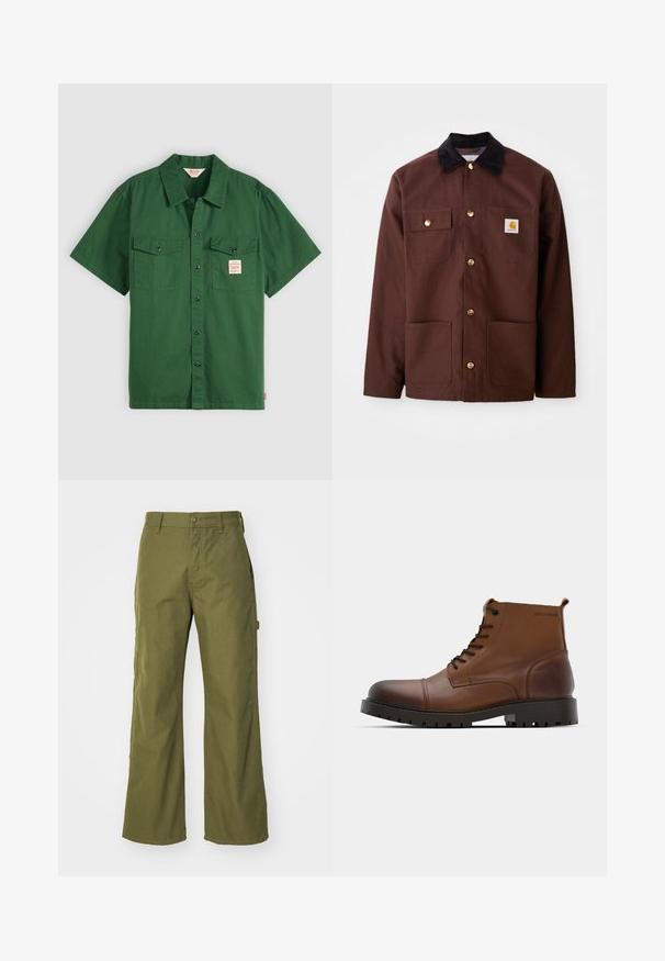 Chaqueta de algodón marrón con un cuello de pana negro, botones dorados, dos bolsillos en el pecho y un parche cuadrado con el logo en el bolsillo izquierdo.; Camisa de algodón verde de manga corta con botones en la parte delantera, dos bolsillos en el pecho y una pequeña etiqueta en el bolsillo izquierdo. Sencilla, sin patrones.; Pantalones de pernera ancha en verde oliva, confeccionados con una tela resistente, que presentan un cierre de botón, bolsillos laterales y un diseño de dobladillo recto.; Botas de piel marrón hasta el tobillo con puntera redonda, cordones negros y suela de goma texturizada. Presenta un detalle de logo en el lateral y un acabado suave.