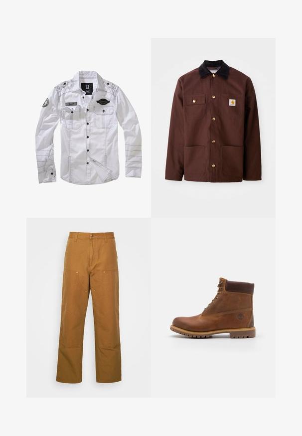 Braune Baumwolljacke mit einem schwarzen Cordkragen, goldenen Knöpfen, zwei Brusttaschen und einem quadratischen Logopatch auf der linken Tasche.; Weißes Langarmhemd mit schwarzer Naht, zwei Brusttaschen und einem Aufnäher am einen Ärmel. Mit Knopfverschluss vorne und Kragen.; Braune Baumwoll-Arbeitshosen mit geradem Bein, die über Vordertaschen und Metallakzente für zusätzliche Strapazierfähigkeit verfügen.; Braune Lederwanderschuhe mit glatter Oberfläche, gepolstertem Knöchel, Metallösen und einer Gummisohle mit robustem Profil.