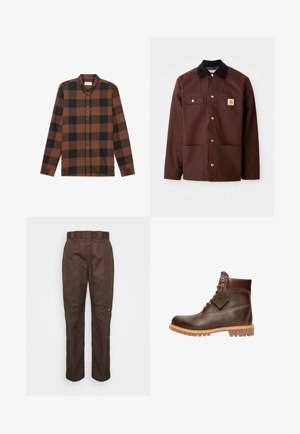 Veste en coton marron avec un col en velours côtelé noir, des boutons dorés, deux poches poitrine et un écusson carré sur la poche gauche.; Chemise à manches longues à carreaux marron et noir en tissu, avec un col à rabat et une patte de boutonnage ; présente des manches à poignets.; Pantalon marron à jambe droite avec une texture lisse. Présente des passants de ceinture, des coutures latérales et un petit logo de marque sur la jambe gauche.; Bottine en cuir marron avec un bout rond, une semelle robuste, des éléments en doré et un dessus texturé. Comprend une étiquette de logo attachée.