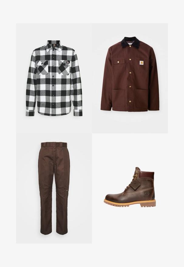 Veste en coton marron avec un col en velours côtelé noir, des boutons dorés, deux poches poitrine et un écusson carré sur la poche gauche.; Chemise en flanelle noir et blanc avec un motif à carreaux, présentant deux poches poitrine, un devant boutonné et un col. Tissu doux et texturé.; Pantalon marron à jambe droite avec une texture lisse. Présente des passants de ceinture, des coutures latérales et un petit logo de marque sur la jambe gauche.; Bottine marron en cuir avec col rembourré, laçage frontal, semelle robuste, et logo Timberland visible sur le côté et sur l'étiquette attachée.